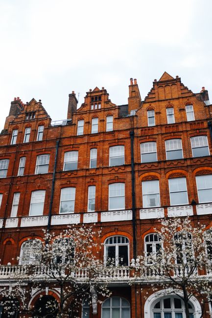 A street view in Belgravia featuring a row of multi-storey residential buildings with a mix of classic and modern architectural styles. The buildings are made of brick and stone, with large sash windo